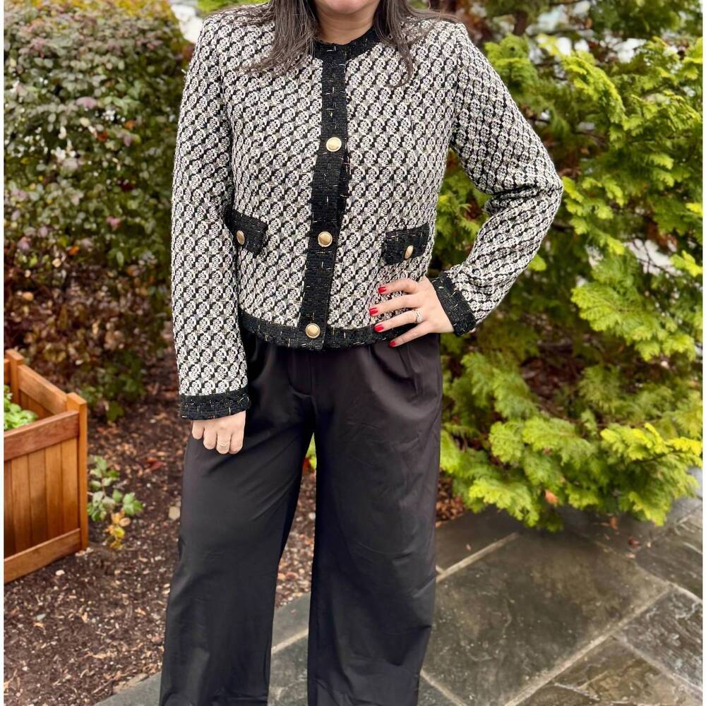 NEW VOY mixed tweed round neck cropped jacket in black/off white
